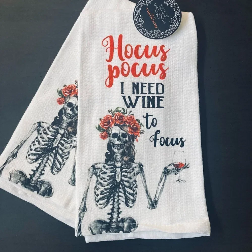 Halloween Skeleton Hocus Pocus Wine to Focus Kitchen Dish Towels